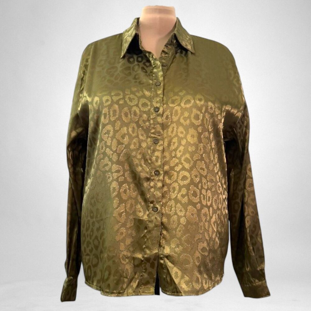 KOJOOIN Satin Button Front Leopard Print blouse, NWT! Size XXL
